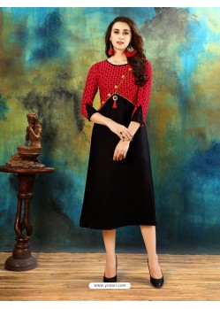Black And Red Rayon Cotton Printed Designer Readymade Kurti