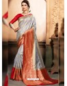 Grey And Red Raw Silk Traditional Designer Silk Saree
