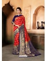 Red And Blue Raw Silk Traditional Designer Silk Saree