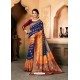 Navy Blue And Orange Raw Silk Traditional Designer Silk Saree