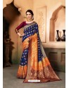 Navy Blue And Orange Raw Silk Traditional Designer Silk Saree