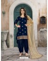 Navy Blue Velvet Designer Embroidered Patiala Suit