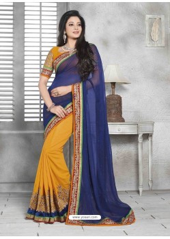 Mustard And Blue Embroidered Work Saree