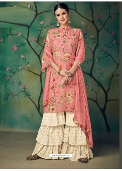 Light Pink Printed Cotton Hand Worked Designer Plazzo Suit