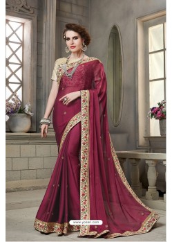 Wine Heavy Embroidered Silk Designer Party Wear Saree