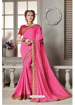 Fuchsia Heavy Embroidered Silk Designer Party Wear Saree