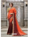 Orange And Brown Heavy Embroidered Silk Designer Party Wear Saree