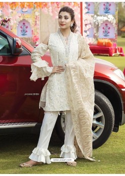 Off White Embroidered Cambric Cotton Designer Straight Suit