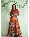 Orange Art Silk Printed Designer Gown