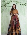 Camel And Multi Colour Art Silk Printed Designer Gown