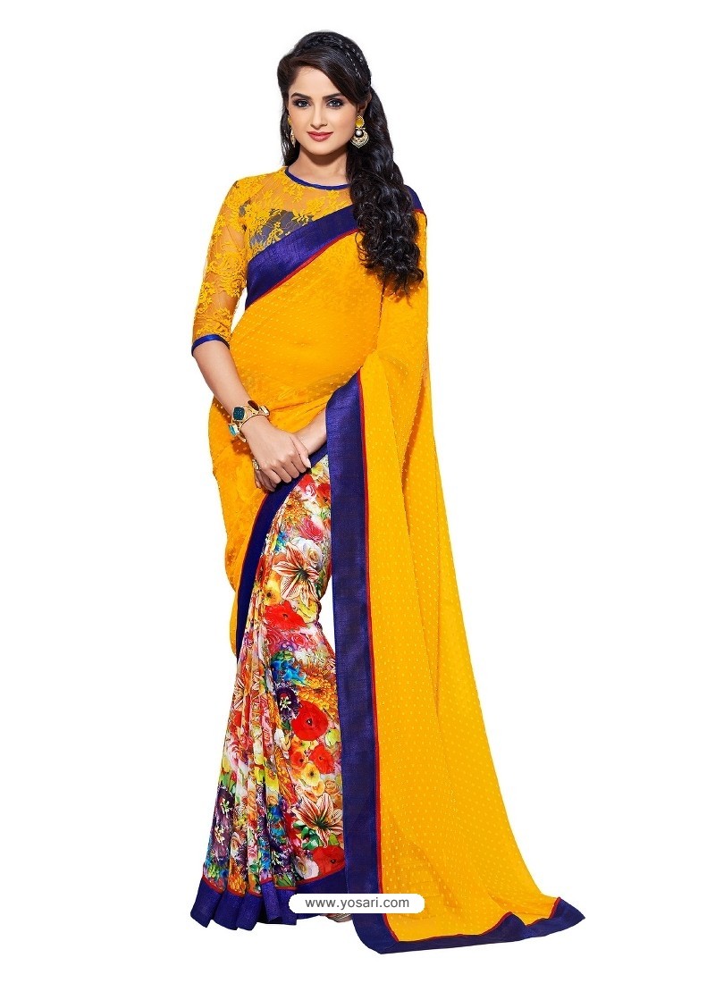 Orange Color Sari With Blue Border