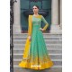 Stupendous Jade Green And Yellow Embroidered Net Designer Floor Length Anarkali Suit