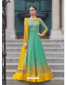 Stupendous Jade Green And Yellow Embroidered Net Designer Floor Length Anarkali Suit