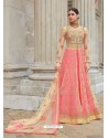 Extraordinary Peach Embroidered Net Designer Floor Length Anarkali Suit