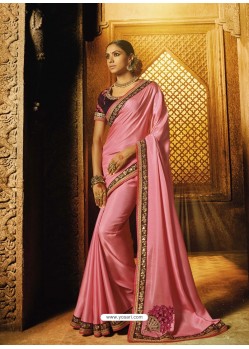 Light Pink Satin Silk Thread Worked Designer Saree