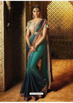 Teal Barfi Silk Thread Worked Designer Saree