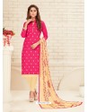 Fuchsia Cotton Embroidered Designer Churidar Suit