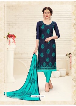 Navy Blue Cotton Embroidered Designer Churidar Suit