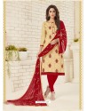 Cream Cotton Embroidered Designer Churidar Suit