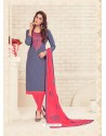 Grey Cotton Embroidered Designer Churidar Suit