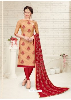 Beige Cotton Embroidered Designer Churidar Suit