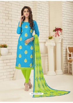 Blue Cotton Embroidered Designer Churidar Suit