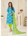 Blue Cotton Embroidered Designer Churidar Suit