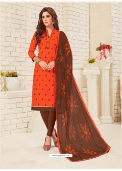 Orange Cotton Embroidered Designer Churidar Suit