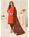 Orange Cotton Embroidered Designer Churidar Suit