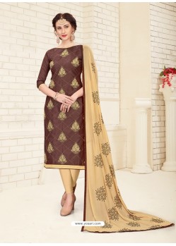 Brown Cotton Embroidered Designer Churidar Suit