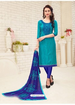 Turquoise Cotton Embroidered Designer Churidar Suit