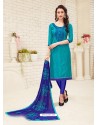 Turquoise Cotton Embroidered Designer Churidar Suit