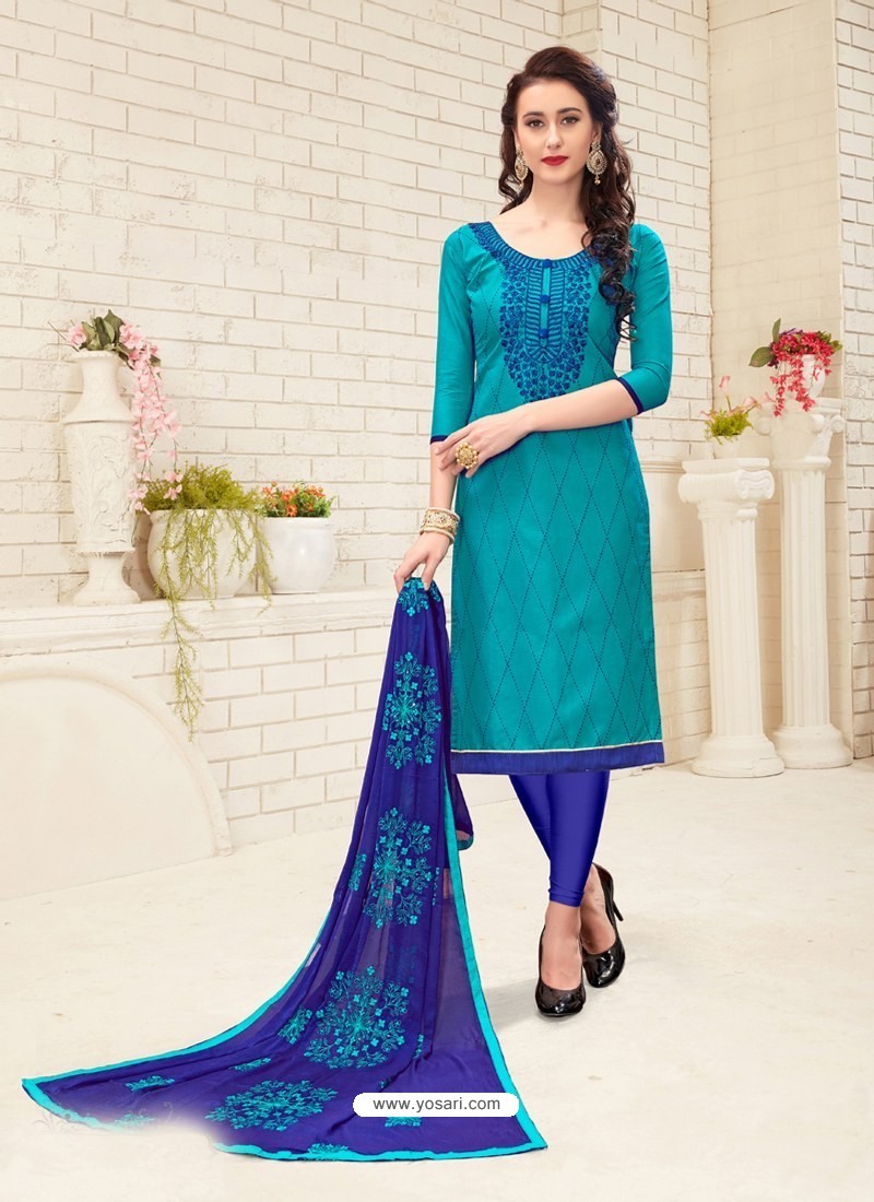 Buy Turquoise Cotton Embroidered Designer Churidar Suit | Churidar ...