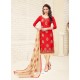 Red Cotton Embroidered Designer Churidar Suit