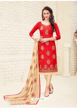 Red Cotton Embroidered Designer Churidar Suit