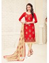 Red Cotton Embroidered Designer Churidar Suit