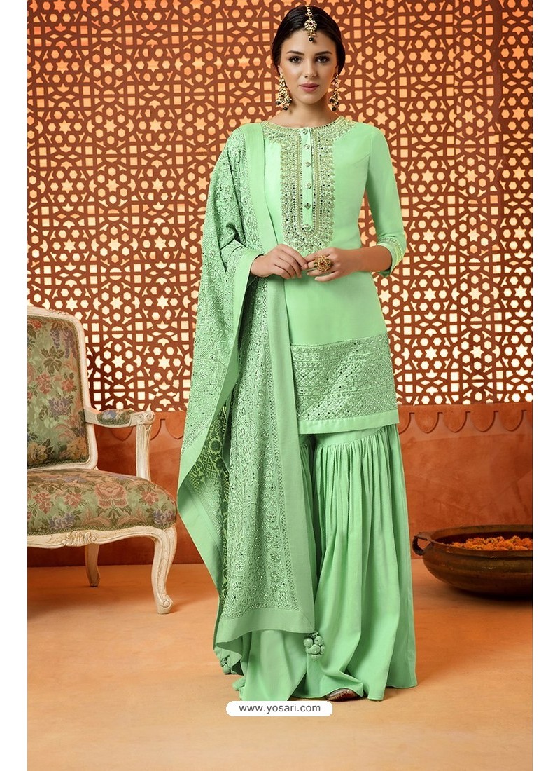 Buy Sea Green Pure Silk Embroidered Designer Plazzo Suit | Palazzo ...