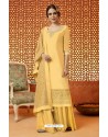 Yellow Pure Silk Embroidered Designer Plazzo Suit