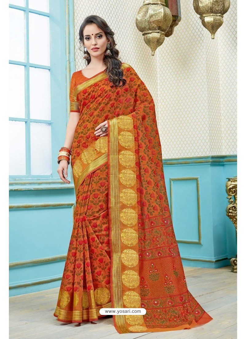 Buy Orange Printed Cotton Designer Saree | Designer Sarees