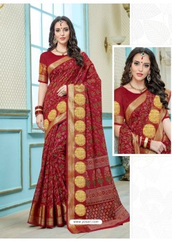 Wine Printed Cotton Designer Saree