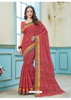 Dark Peach Printed Cotton Designer Saree