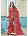 Dark Peach Printed Cotton Designer Saree