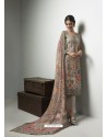 Extraordinary Taupe Georgett Printed And Embroidered Designer Straight Suit