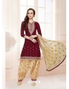 Maroon Cotton Satin Thread Embroidered Designer Salwar Suit