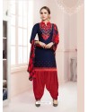 Navy Blue Cotton Satin Thread Embroidered Designer Salwar Suit