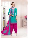 Turquoise Cotton Satin Thread Embroidered Designer Salwar Suit