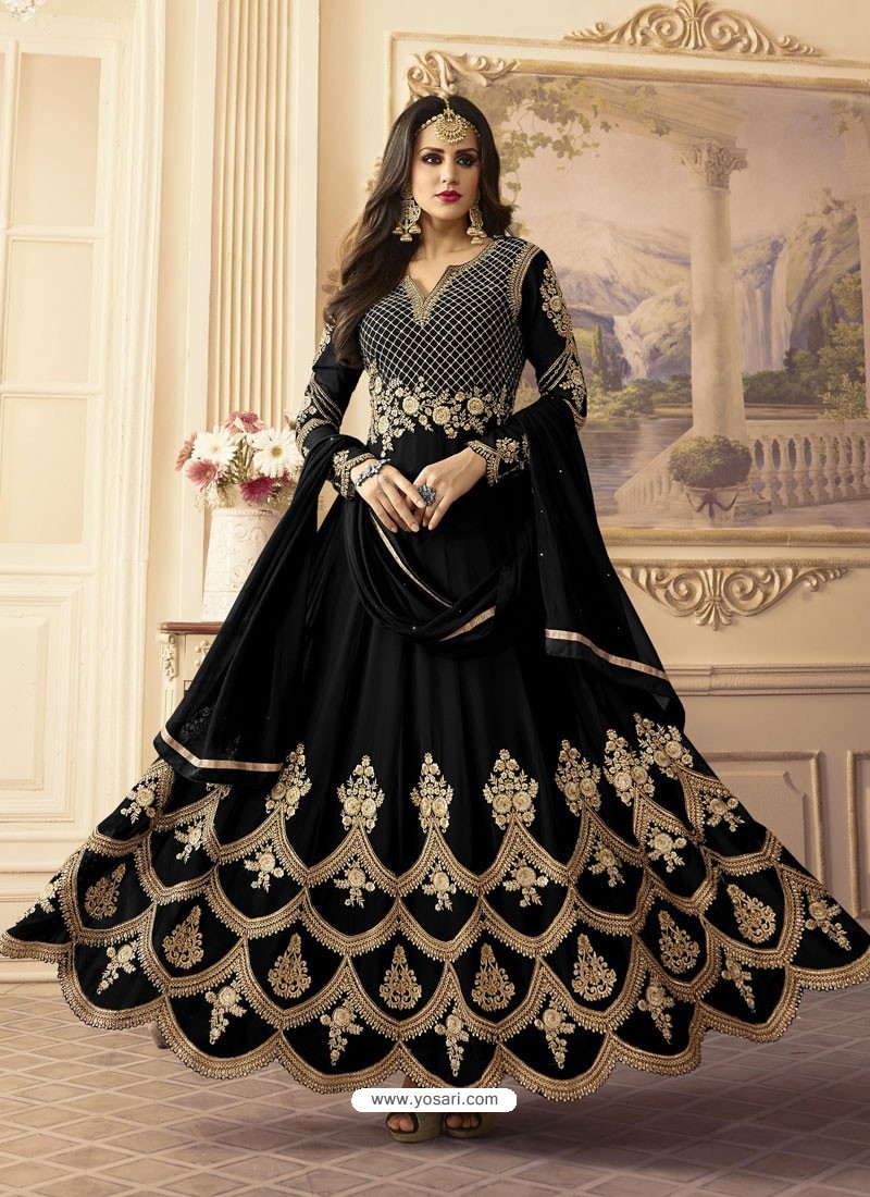 Buy Wedding Wear Embroidery Work Black Net Anarkali Suit Online From Surat  Wholesale Shop.