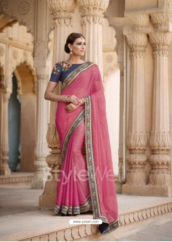 Light Pink Embroidered And Stone Worked Designer Chiffon Saree