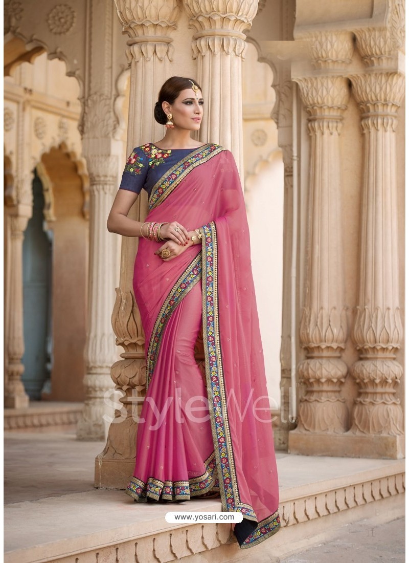 Pink Designer Party Wear Chiffon Saree