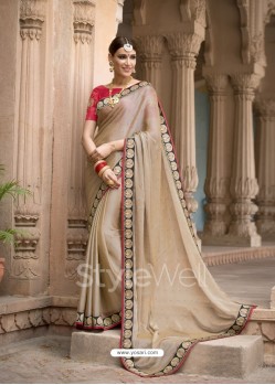 Beige Embroidered And Stone Worked Designer Chiffon Saree